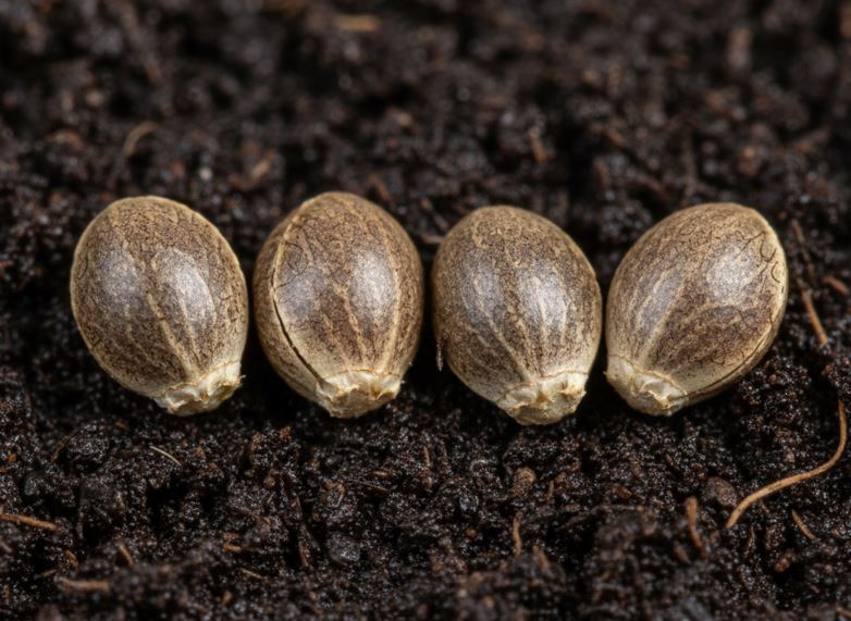A close-up view of four premium feminized cannabis seeds.