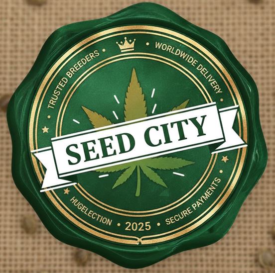 Green and gold wax seal with "SEED CITY" on a banner, a cannabis leaf, and text around the border: "TRUSTED BREEDERS," "WORLDWIDE DELIVERY," "SECURE PAYMENTS," and "HUGE SELECTION.