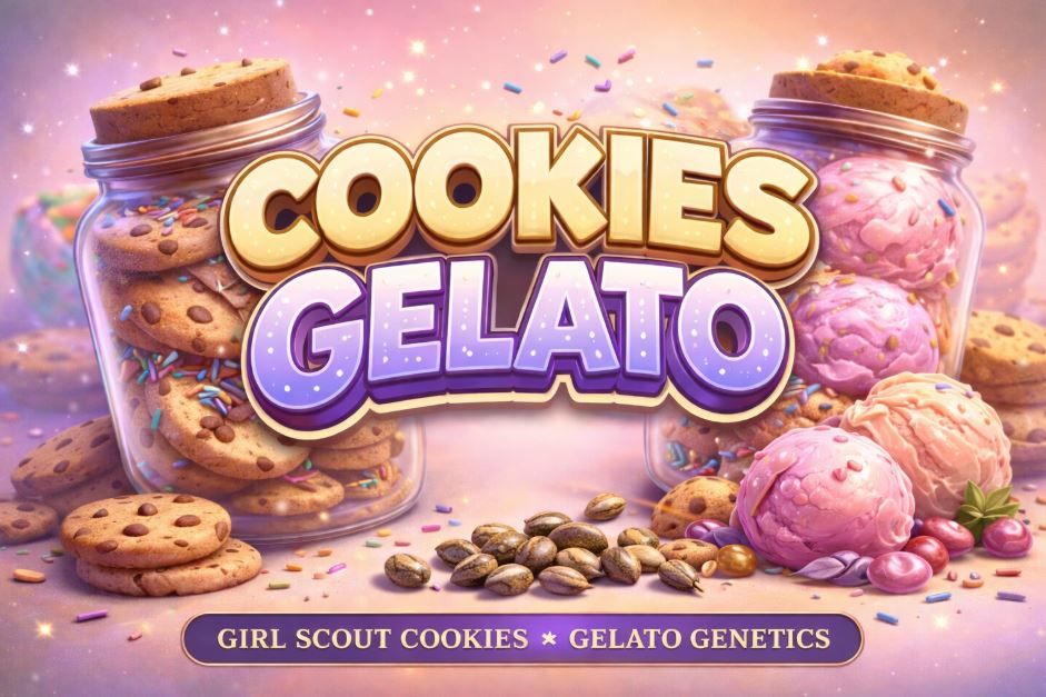 Cookies Gelato cannabis seeds illustrated with dessert-themed jars, highlighting Girl Scout Cookies and Gelato genetics