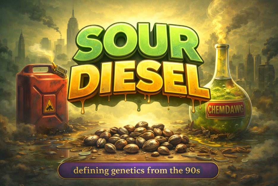Sour Diesel cannabis seeds illustrated with industrial-themed graphics, referencing classic 1990s genetics