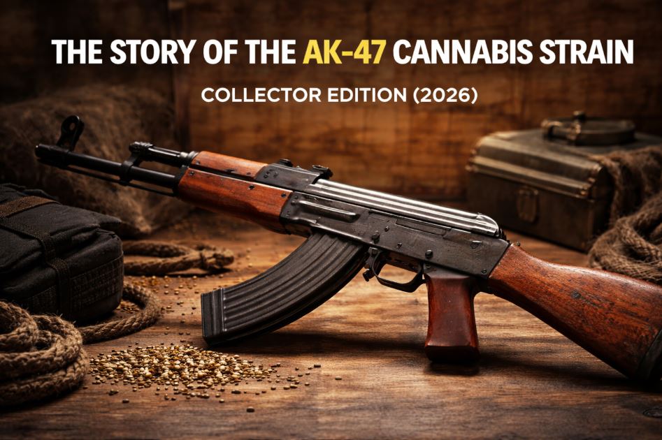 AK-47 cannabis seed collector banner with rifle and premium seed genetics for 2026