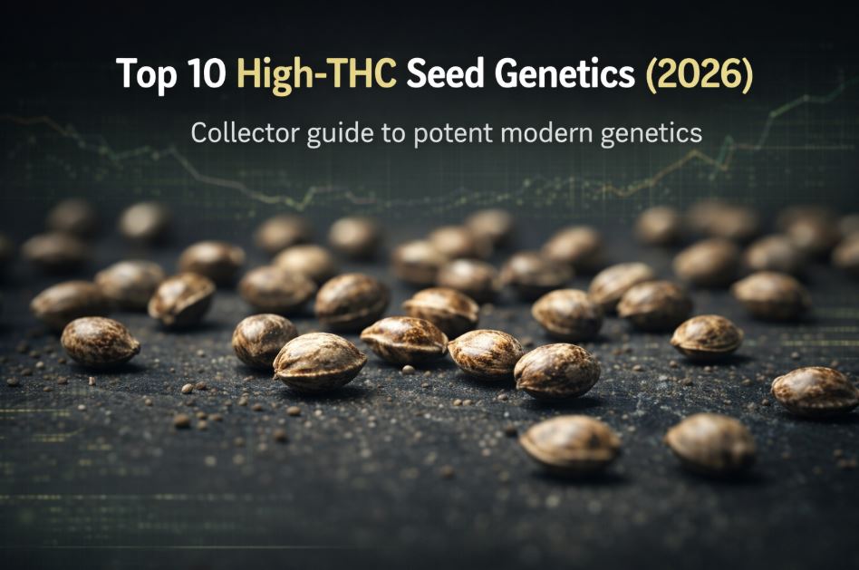 Top 10 high THC cannabis seeds genetics 2026 hero banner featuring cannabis seeds on a dark surface