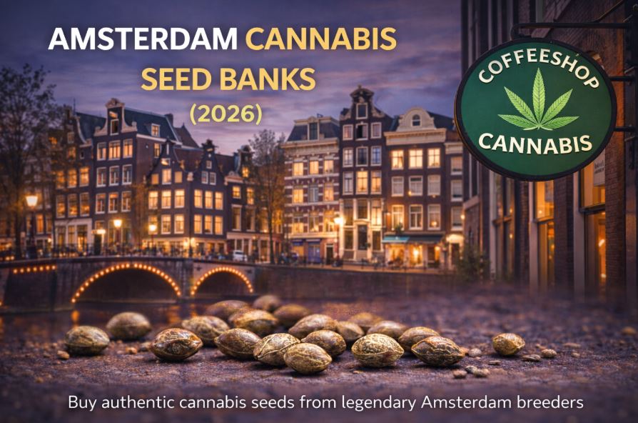 Amsterdam cannabis seed banks hero image with Dutch canal skyline and collectible cannabis seeds