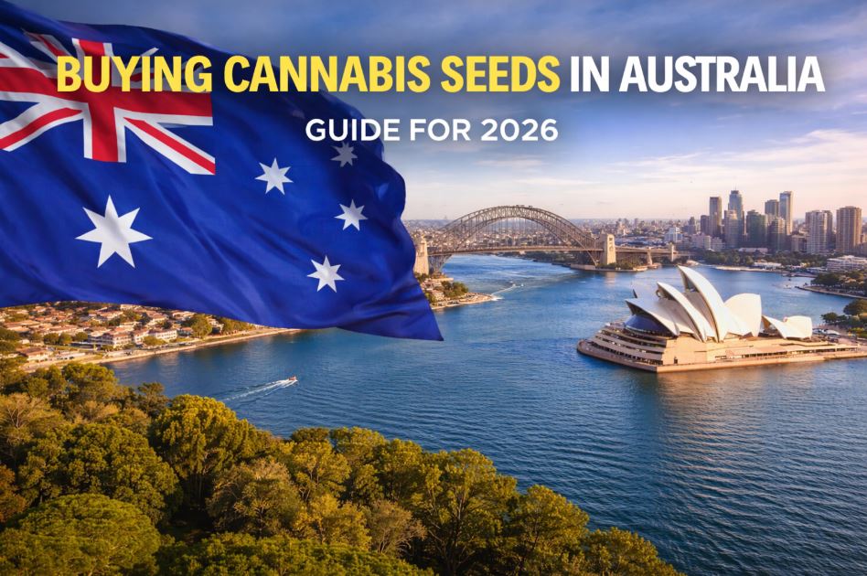 Australian flag over Sydney Harbour used as a hero image for a guide to cannabis seed laws in Australia