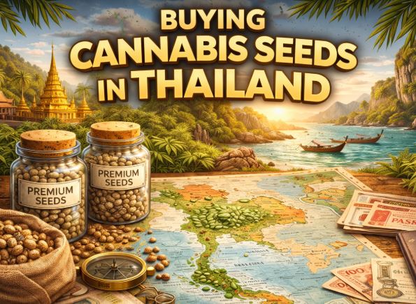 Illustration showing a map of Thailand with cannabis seeds and travel-themed elements