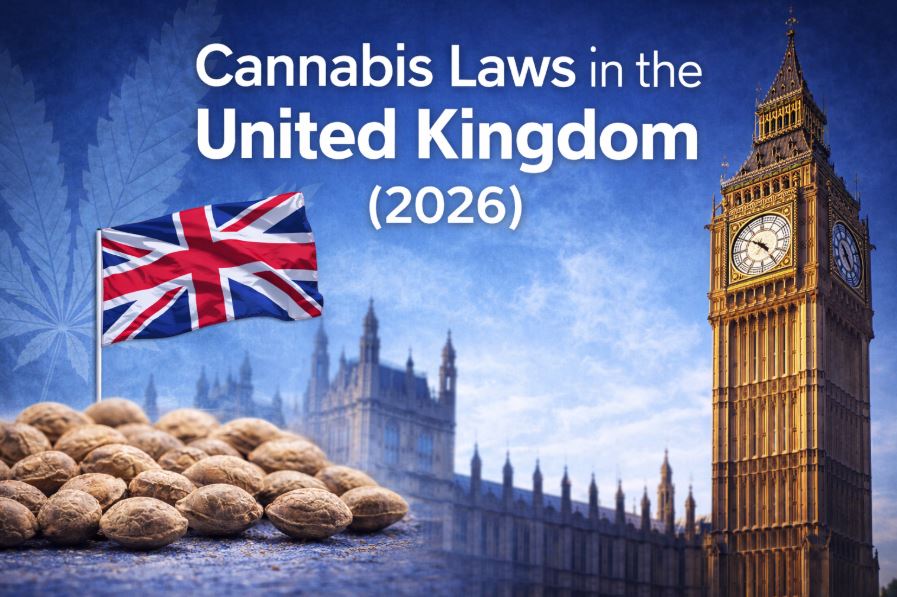 Cannabis laws in the United Kingdom with Big Ben, Parliament, UK flag and cannabis seeds