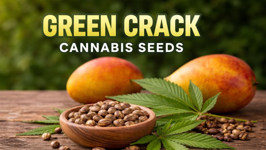 Green Crack cannabis seeds displayed in a wide hero image with mango-inspired visuals and branding