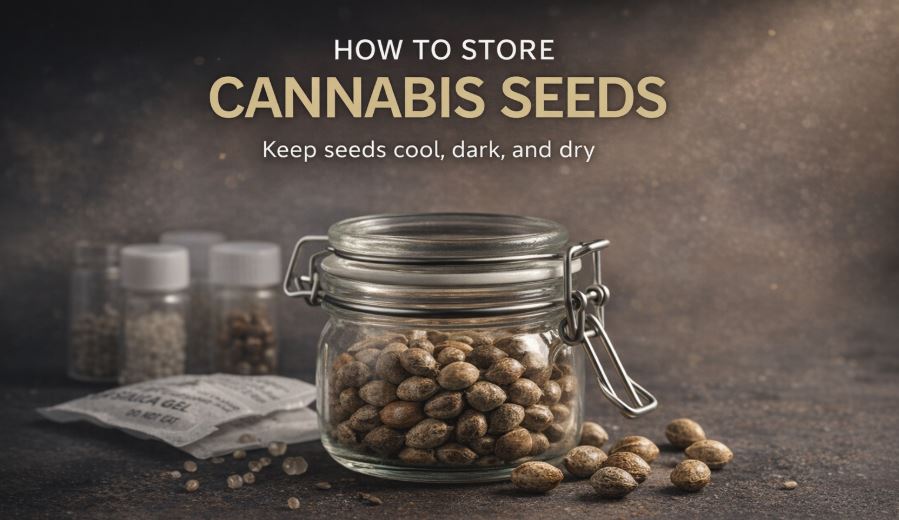 Cannabis seeds stored in an airtight glass jar with a “How to Store Cannabis Seeds” header showing cool, dark, and dry preservation guidance.
