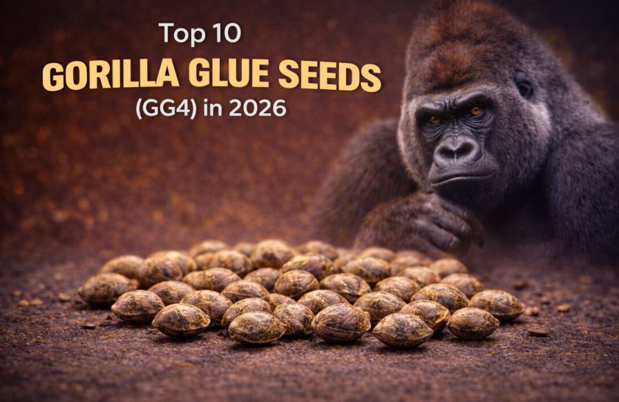 Top 10 Gorilla Glue cannabis seeds with a silverback gorilla symbolising strength and potency
