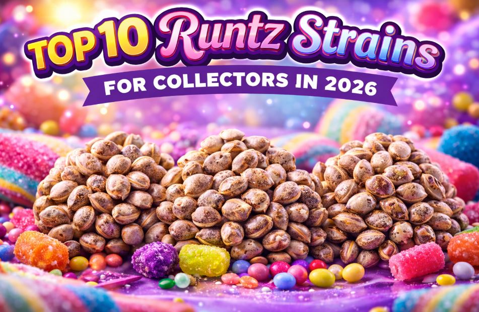 Colourful Runtz cannabis seeds arranged in candy-style artwork for Top 10 Runtz Strains for Collectors in 2026
