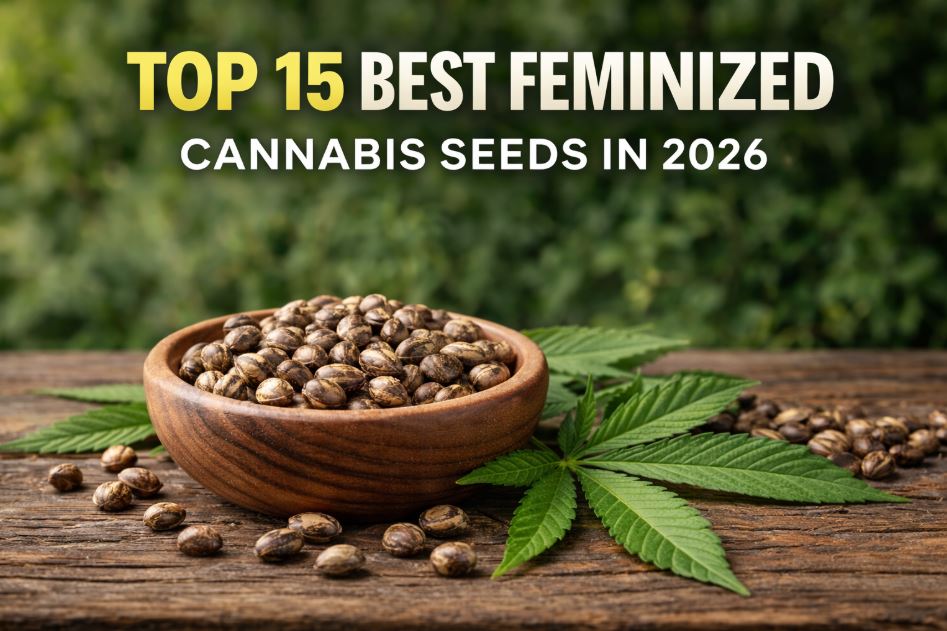 Feminized cannabis seeds displayed in a wooden bowl for Top 15 Best Feminized Cannabis Seeds in 2026
