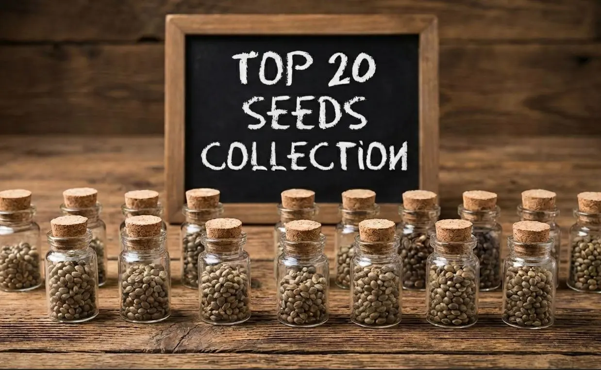 Zbirka različnih semen konoplje v majhnih steklenih kozarcih, razstavljenih na rustikalni leseni mizi za vodnik po 20 najboljših semenih marihuane.