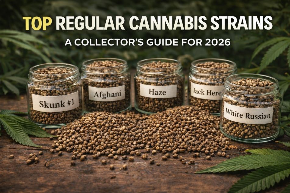 Glass jars filled with regular cannabis seeds representing classic and heritage strains for collectors