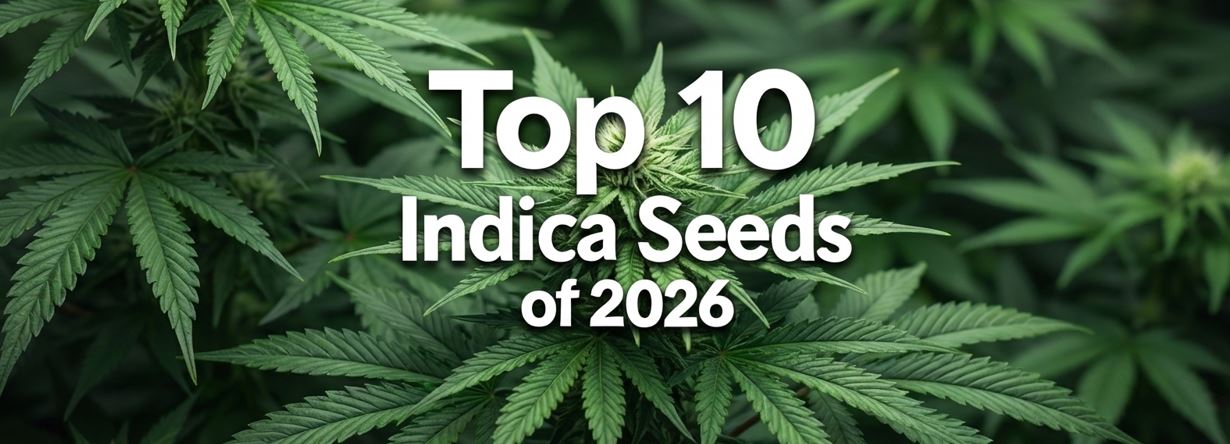A blurred green background with young cannabis plants, featuring the text "Top 10 Indica Seeds of 2026" prominently displayed in white.