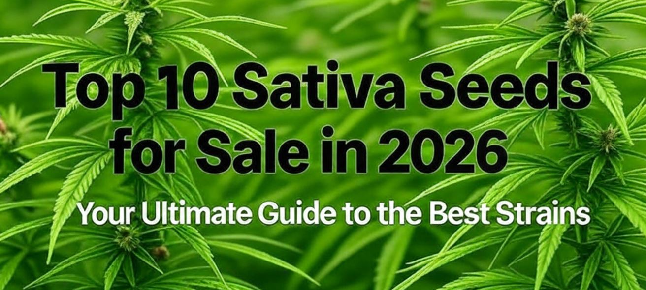 Top 10 Sativa Seeds for Sale in 2026 with lush green cannabis plants in the background.