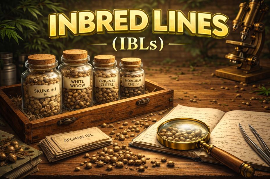 Inbred Line (IBL) cannabis seeds displayed in labelled jars with archival research tools