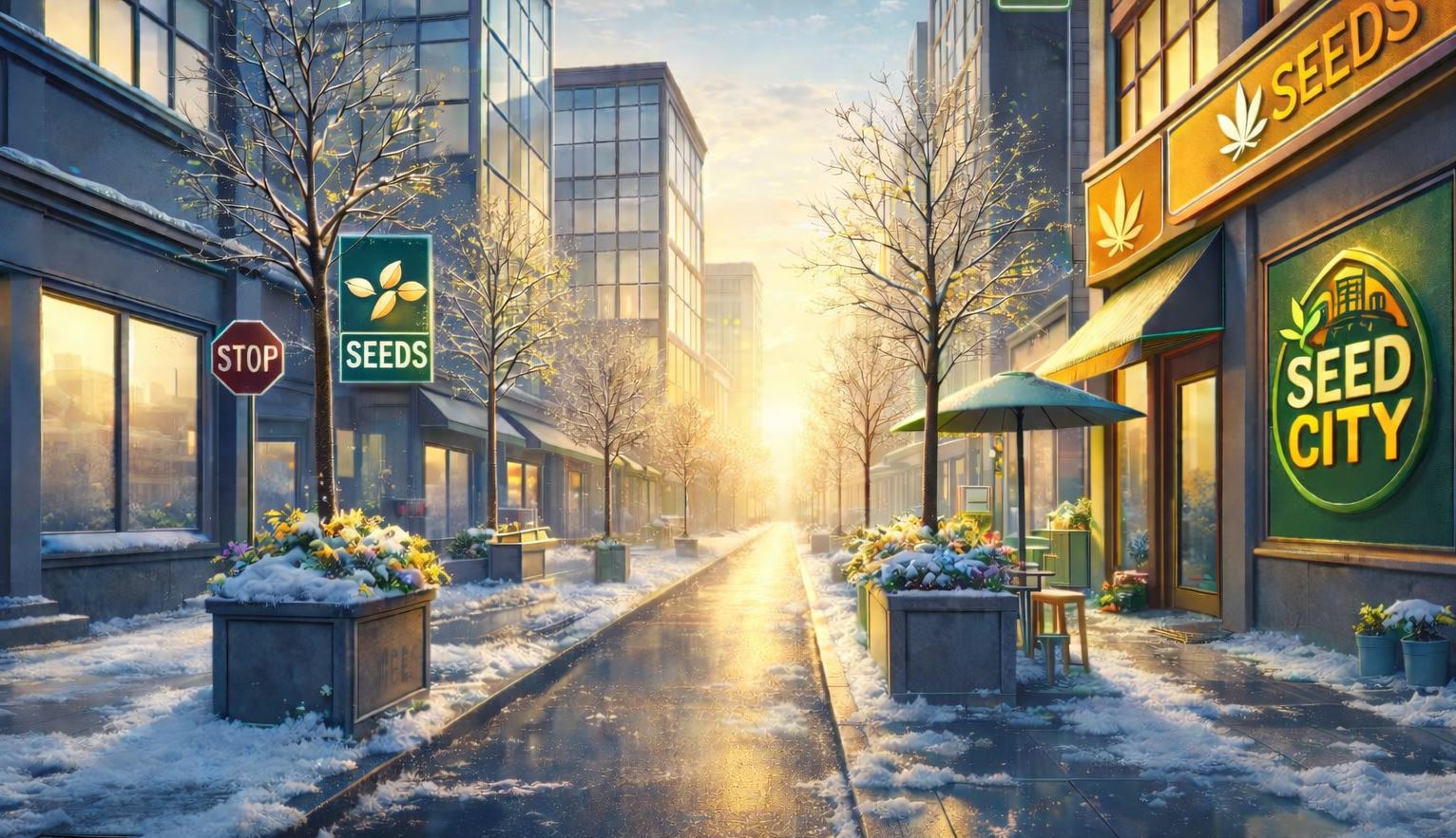 Late winter city street with Seed City storefront, glowing sunrise and snow-dusted planters, symbolising the transition into spring.