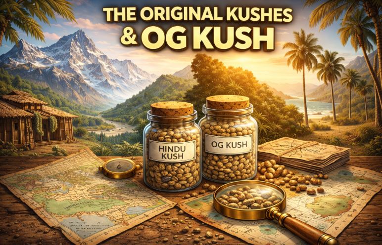 Illustration of Hindu Kush and OG Kush cannabis seed jars with maps and geographic context